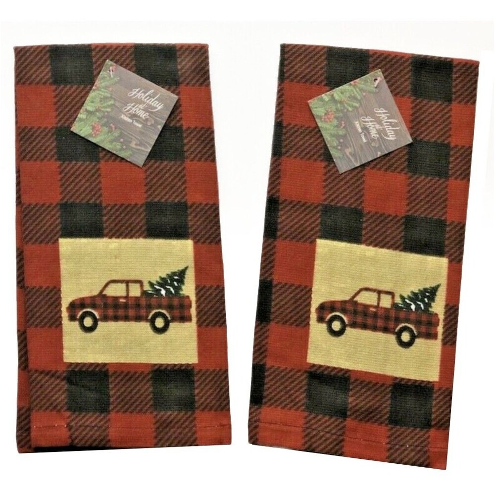 Christmas Red Farm Truck Kitchen Dish Towels Buffalo Check Cabin Lodge Set of 2